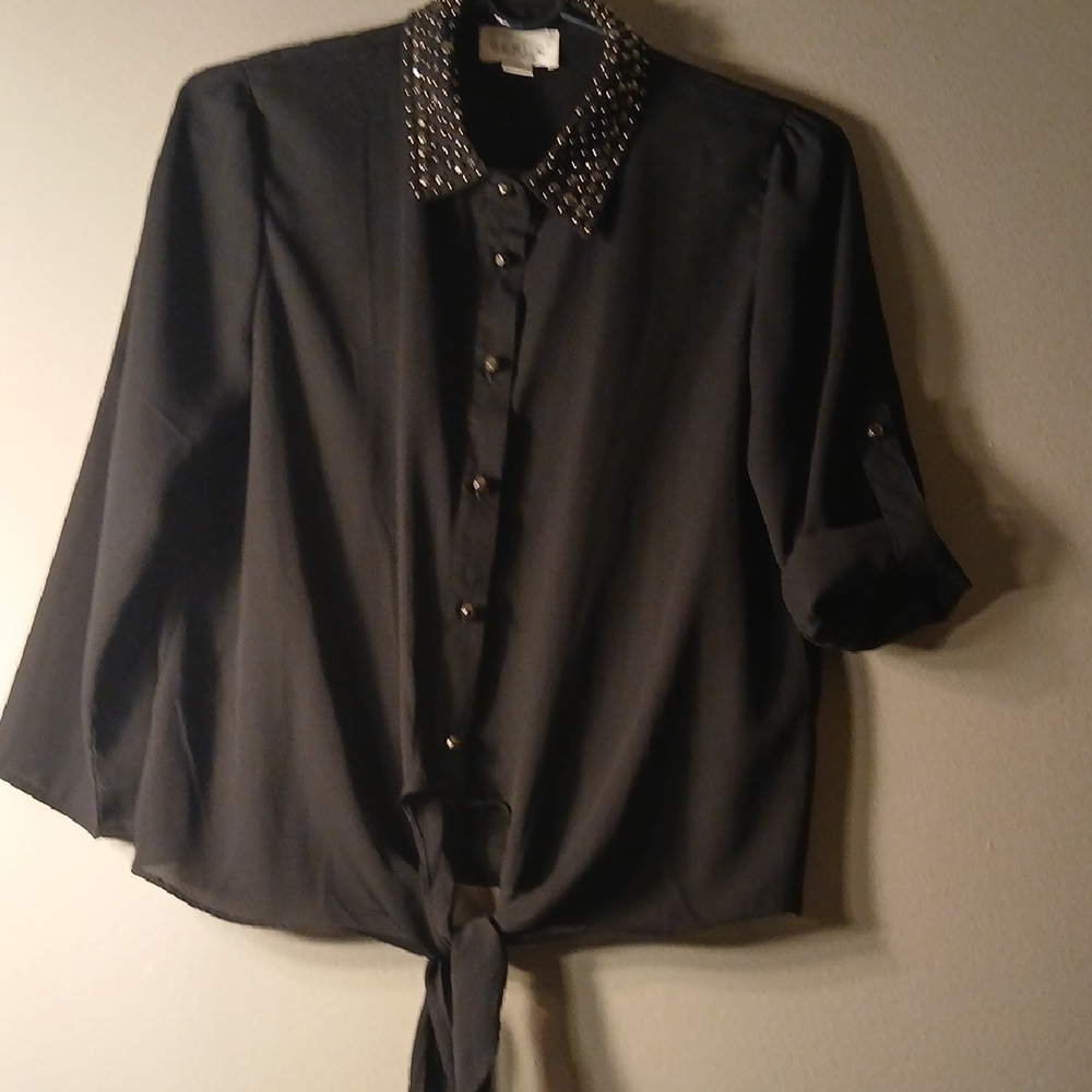 Woman's Black Studded Collar Blouse Medium Roll-up Sleeves